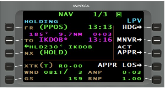 Figure 10. Page principale de navigation en route pour IKDOB après la programmation du circuit d’attente (Source : Universal Avionics, FMS Trainer v4.1.0.600) Figure 10. Page principale de navigation en route pour IKDOB après la programmation du circuit d’attente (Source : Universal Avionics, FMS Trainer v4.1.0.600)