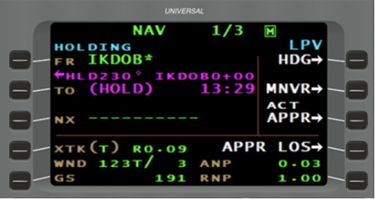 Figure 11. Page principale de navigation établie dans le circuit d’attente à IKDOB (Source : Universal Avionics, FMS Trainer v4.1.0.600) Figure 11. Page principale de navigation établie dans le circuit d’attente à IKDOB (Source : Universal Avionics, FMS Trainer v4.1.0.600)