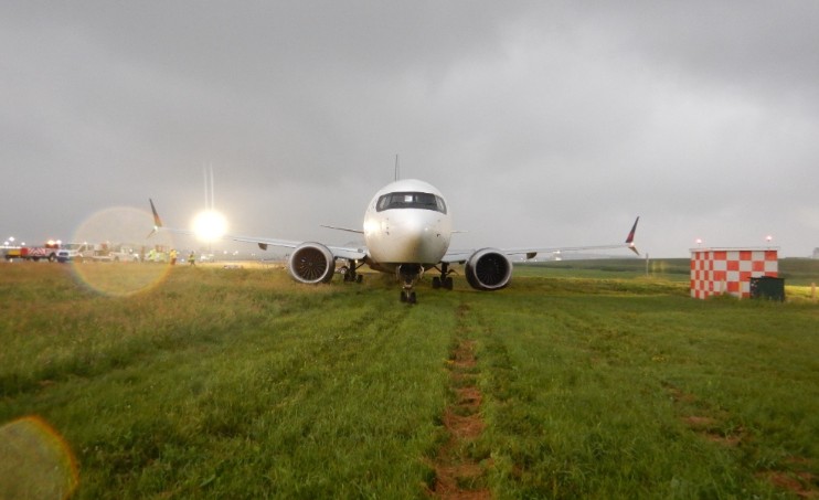 Air Canada Boeing 737-8 (MAX) stopped in the grass approximately 800 feet from the edge of Runway 06L at Montréal/Pierre Elliott Trudeau International Airport (Source: Transportation Safety Board of Canada)
