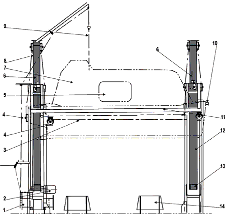 Figure 2 - View of davits and side of lifeboat in the stowed position 1. Winch drum, 2. Electric motor, 3. Falls, 4. Sheaves, 5. Entrance hatch, 6. Harbour pins, 7. Lifeboat, 8. Davit head, 9. Winch-brake remote-release cable, 10. Forward horizontal bollard, 11. Embarkation platform, 12. Davit, 13. Davit hinge, 14. Skid.