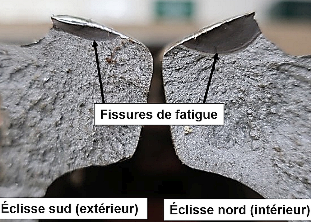 Vue de près du joint rompu D, montrant les fissures de fatigue de l’éclisse (Source : BST)