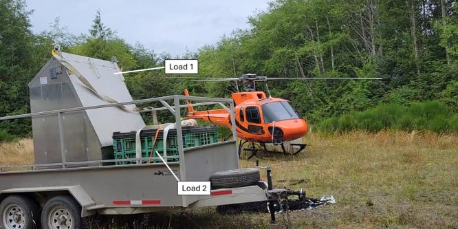 Figure 2. The helicopter and equipment to be transported from the staging area to the job site (Source: Natural Resources Canada, with TSB annotations)